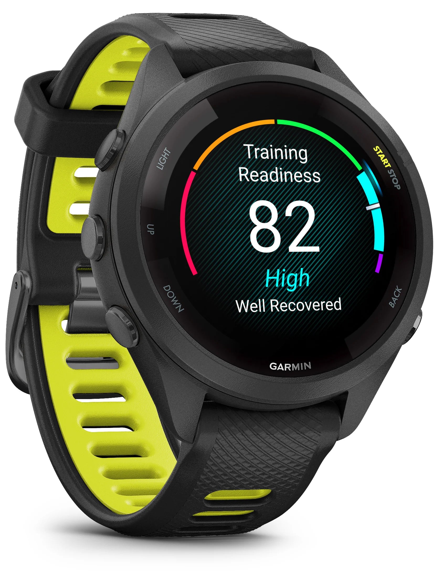 Forerunner_265S Black Bezel and Case with Black_Amp Yellow Silicone Band - Front turn right 2