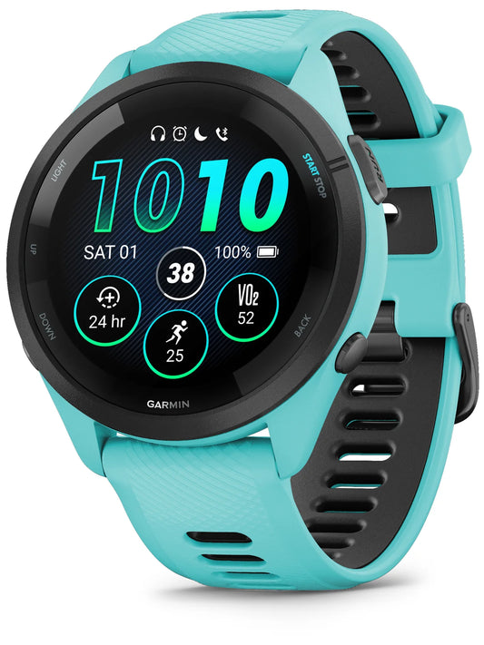 Garmin Forerunner 265 Black Bezel with Aqua Case and Aqua_Black Silicone Band - Front turn right 2
