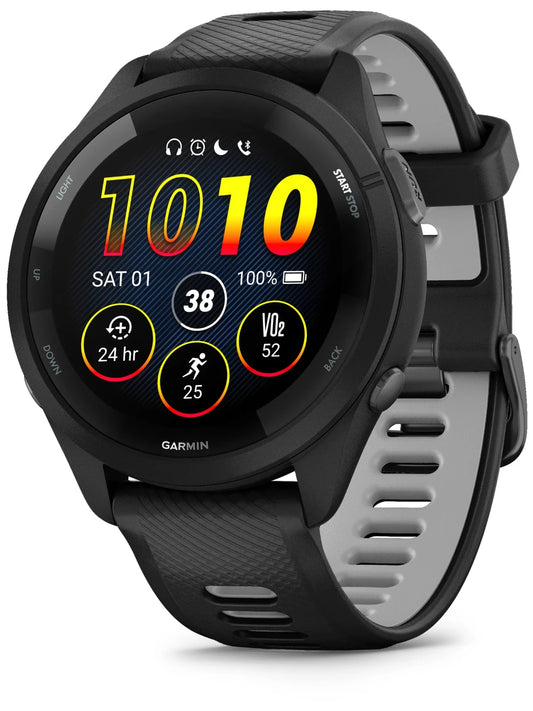 Garmin Forerunner 265 Black Bezeland Case with Black_Powder Gray Silicone Band - Front turn right