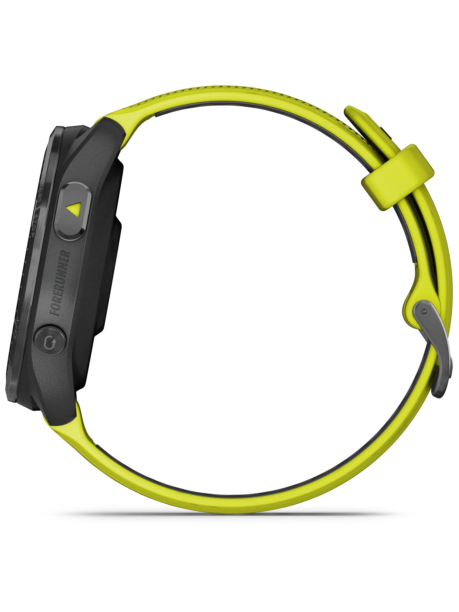 Garmin Forerunner 965 Carbon Gray DLC Titanium Bezel with Black Case and Amp Yellow_Black Silicone Band - Side