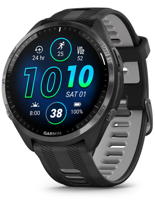 Garmin Forerunner 965 Carbon Gray DLC Titanium Bezel with Black Case and Black_Powder Gray Silicone Band - Front turn right