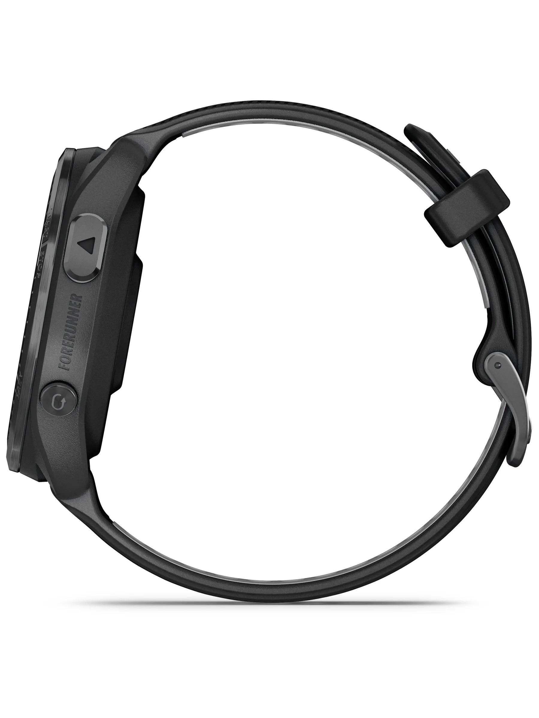 Garmin Forerunner 965 Carbon Gray DLC Titanium Bezel with Black Case and Black_Powder Gray Silicone Band - side