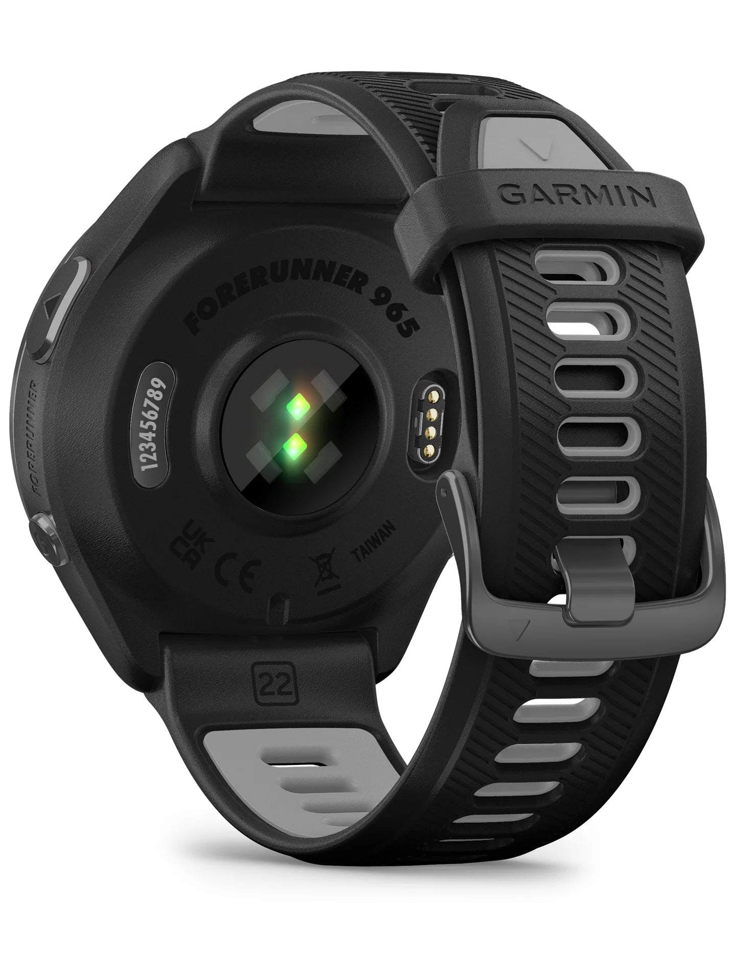 Garmin Forerunner 965 Carbon Gray DLC Titanium Bezel with Black Case and Black_Powder Gray Silicone Band - back turn left
