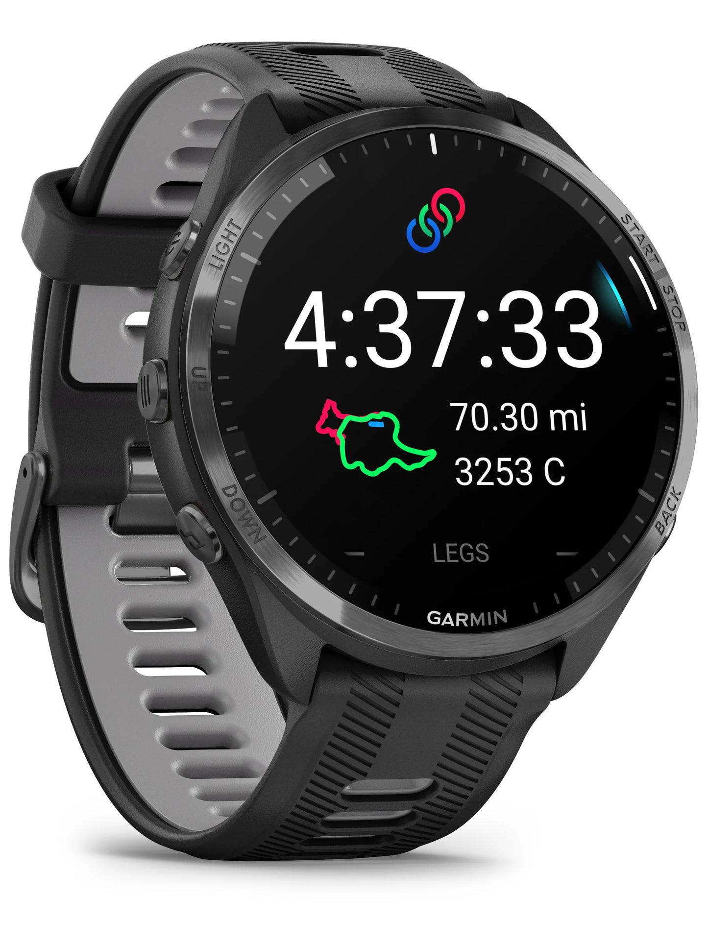 Garmin Forerunner 965 Carbon Gray DLC Titanium Bezel with Black Case and Black_Powder Gray Silicone Band - Front turn left