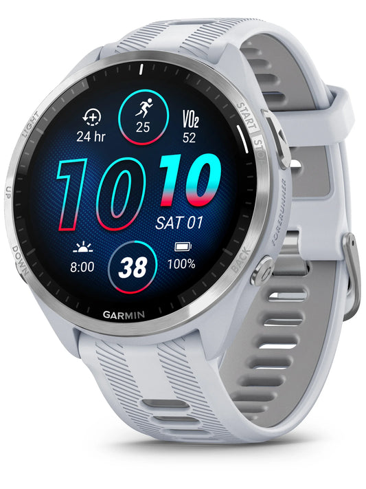 Garmin Forerunner 965 Titanium Bezel with Whitestone Case and Whitestone_Powder Gray Silicone Band - Front turn right