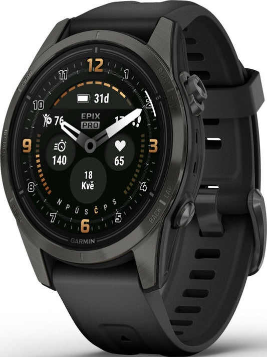 Garmin epix Pro Saphire Gen2 CarbonGray DLC Titanium with Black Band - Front turn left